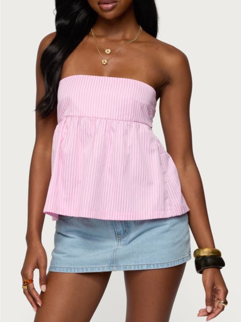 Edikted Maddie Strapless Striped Babydoll Top in Light Pink